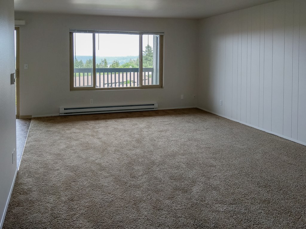 A room with a carpeted floor and a window with a view of the outdoors.