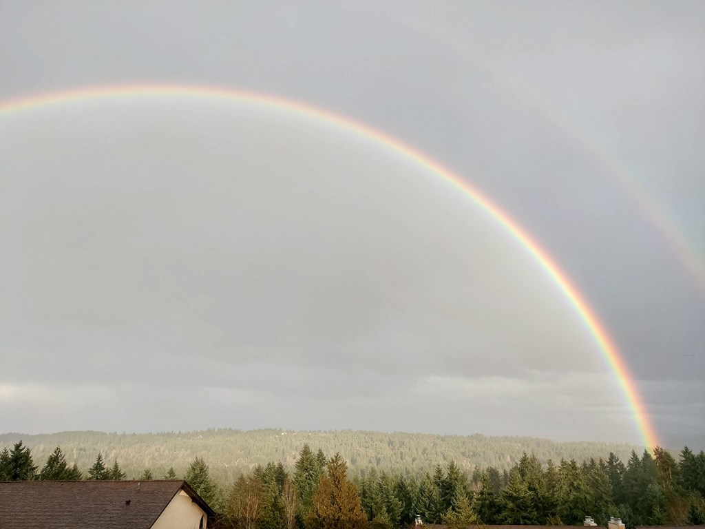 A rainbow arches across the sky over a residential area.