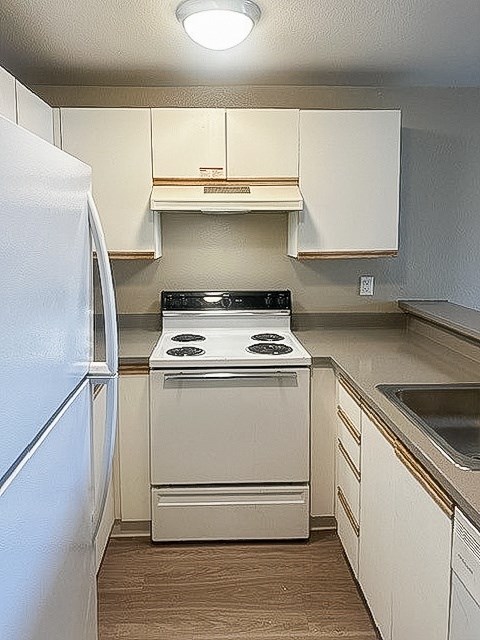 A white kitchen with a stove and refrigerator.