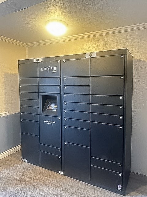 A black safe with the word LUXER on it.