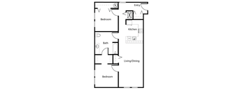 A floor plan of a small apartment with a kitchen, two bedrooms, and a bathroom.