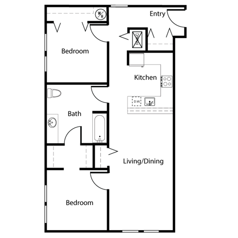 A floor plan of a small apartment with a kitchen, two bedrooms, and a bathroom.