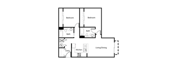 A floor plan of a house with two bedrooms, a bathroom, a kitchen, and a living/dining area.