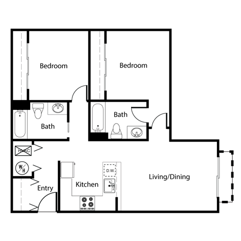 A floor plan of a house with two bedrooms, a bathroom, a kitchen, and a living/dining area.