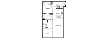 A floor plan of a house with a kitchen, living/dining area, and three bedrooms.