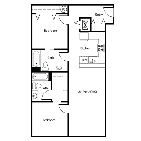 A floor plan of a house with a kitchen, living/dining area, and three bedrooms.