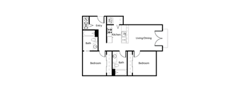A floor plan of a house with a living room, kitchen, and two bedrooms.