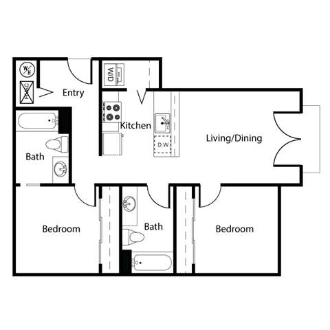 A floor plan of a house with a living room, kitchen, and two bedrooms.