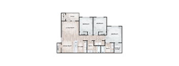 A floor plan of a house with a living room, dining room, kitchen, and multiple bedrooms.