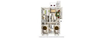 A floor plan of an apartment with a kitchen, living room, and two bedrooms.