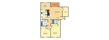 A floor plan of an apartment with two bedrooms, a living room, a kitchen, a bathroom, a dining area, and a deck.