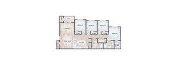 A floor plan of a house with a living room, dining room, kitchen, and multiple bedrooms.