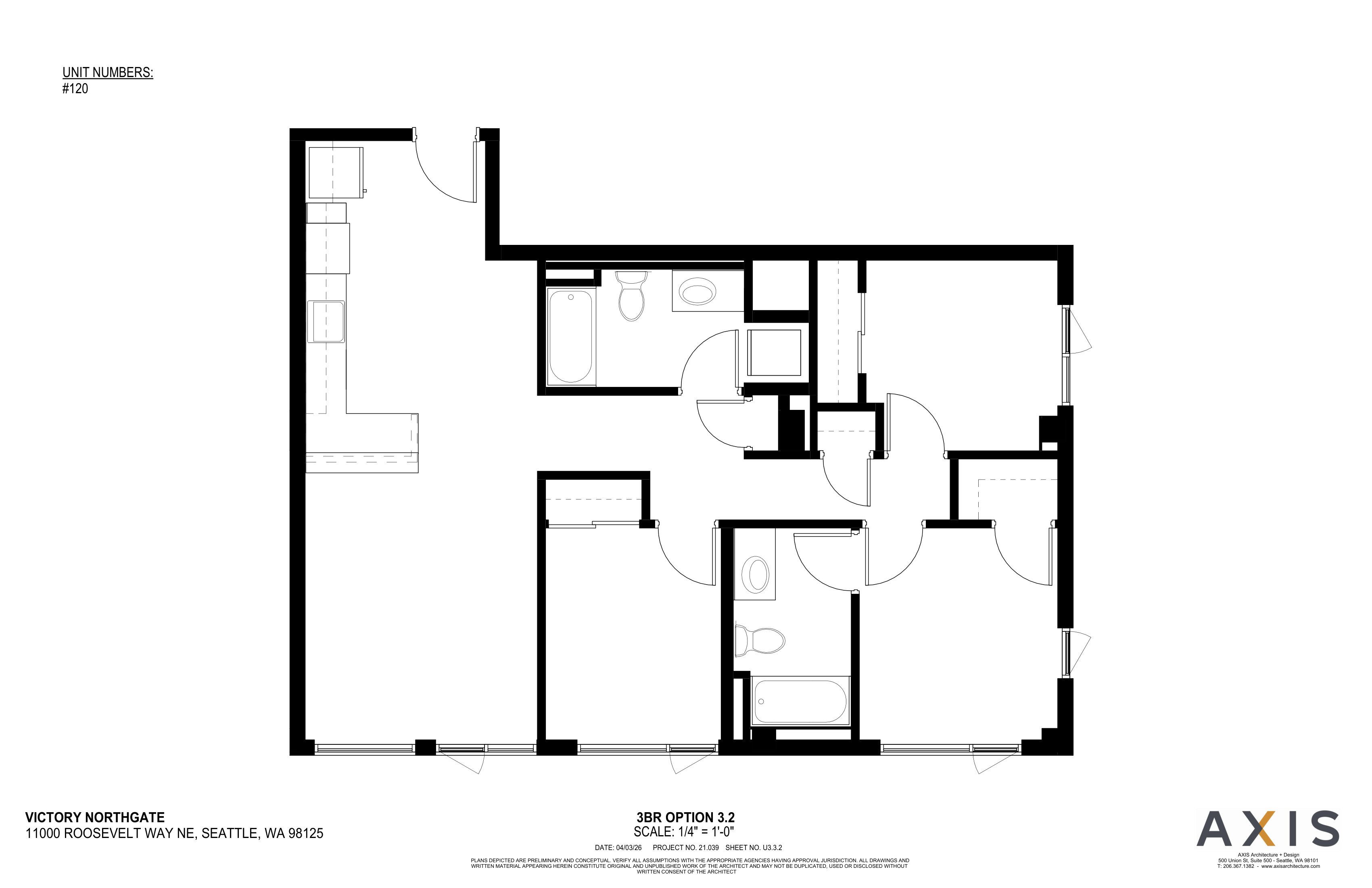 A black and white image of a floor plan for a property located at 1100 Roosevelt Way NE, Seattle, WA 98155.