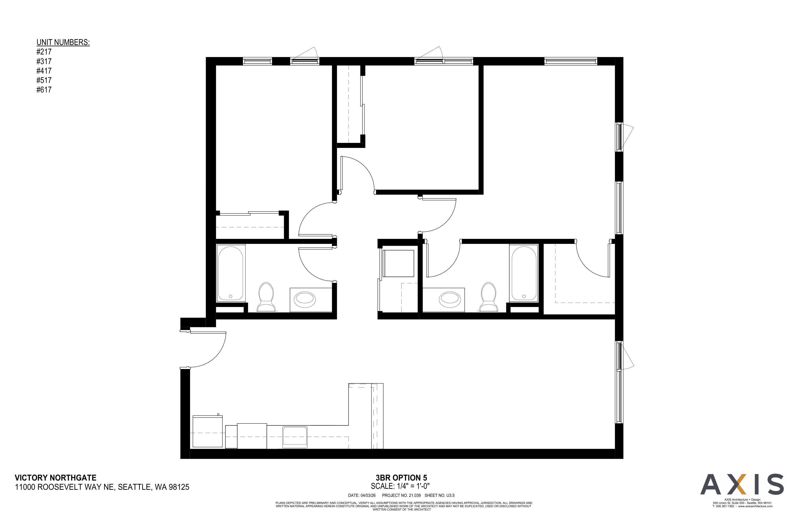 A floor plan of a 3 bedroom apartment.