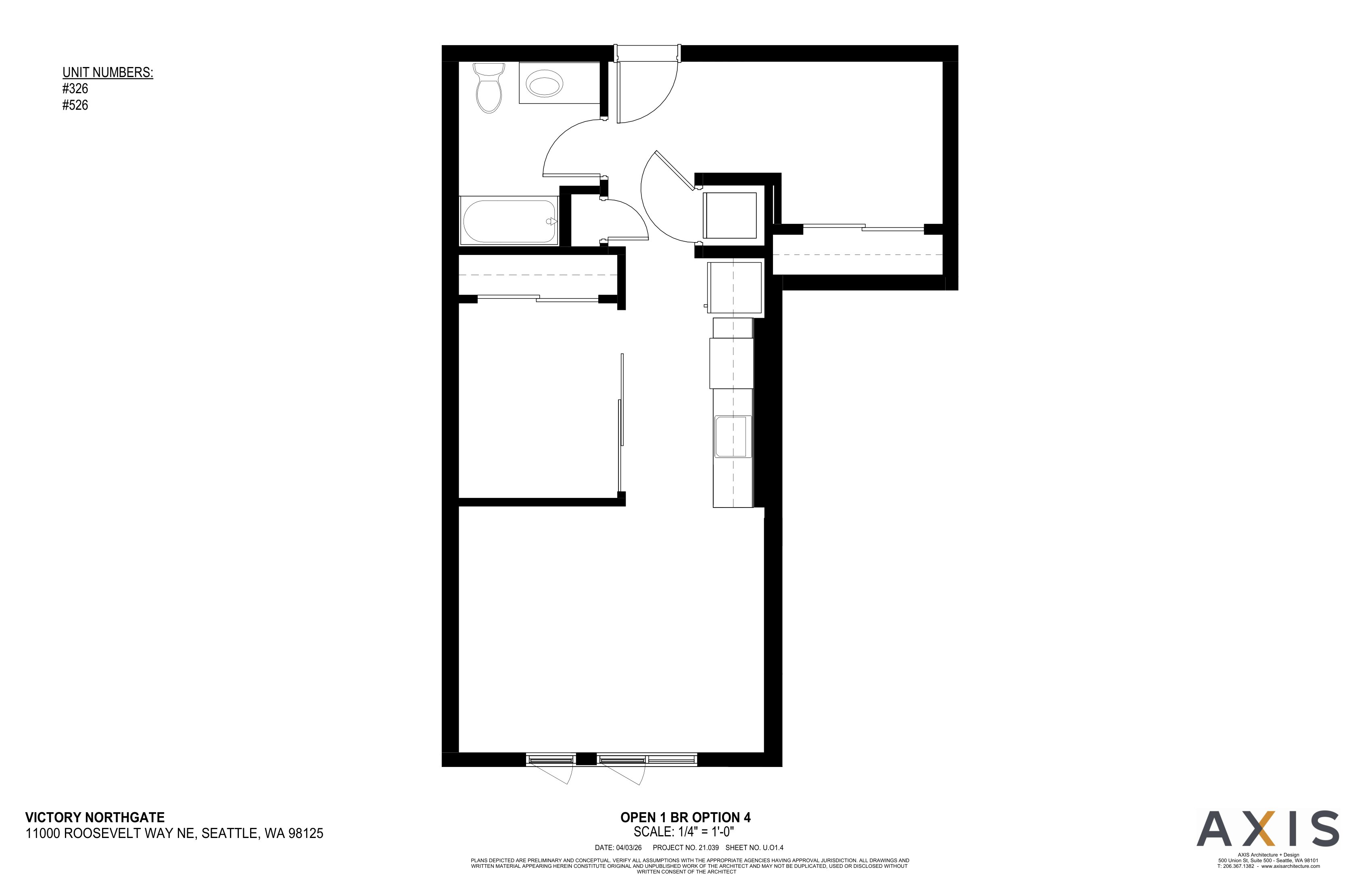 A black and white image of a floor plan for a property located at Victory Northgate, 11000 Roosevelt Way, Seattle, WA 98152.