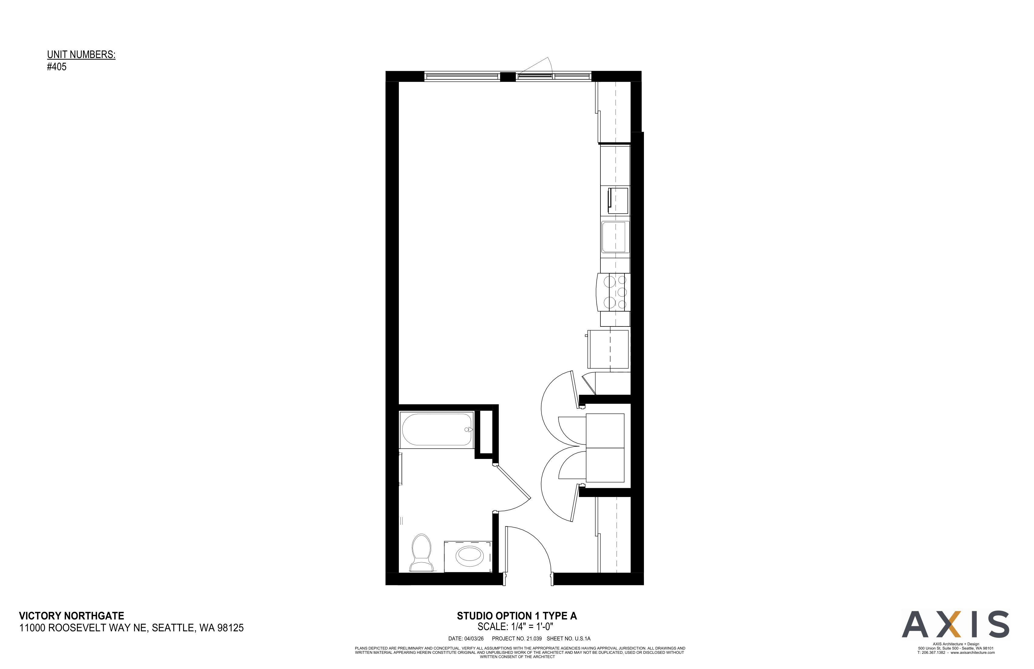 A floor plan of a studio apartment with a kitchenette and a bathroom.