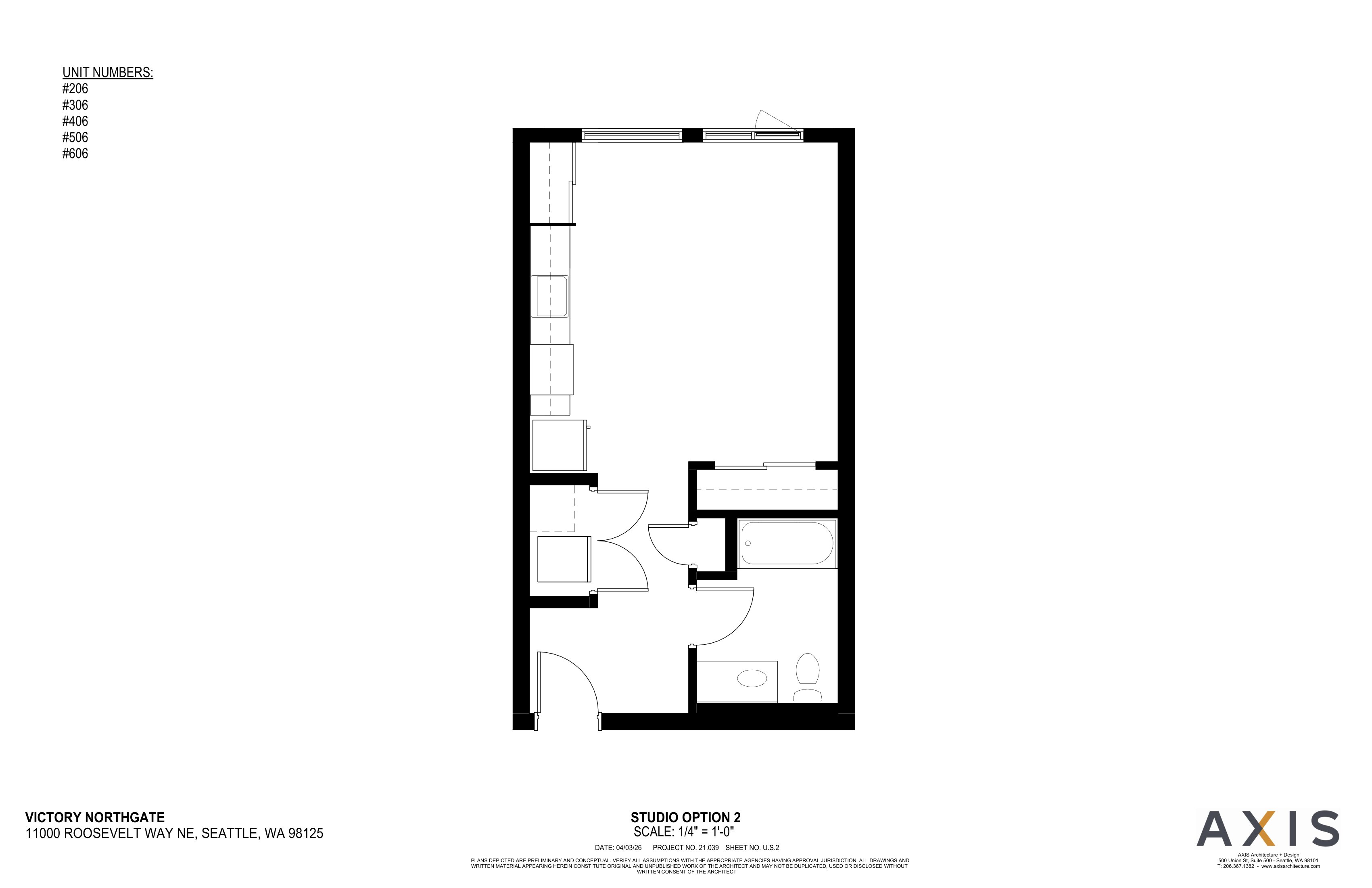 A black and white image of a floor plan for a studio option 2.