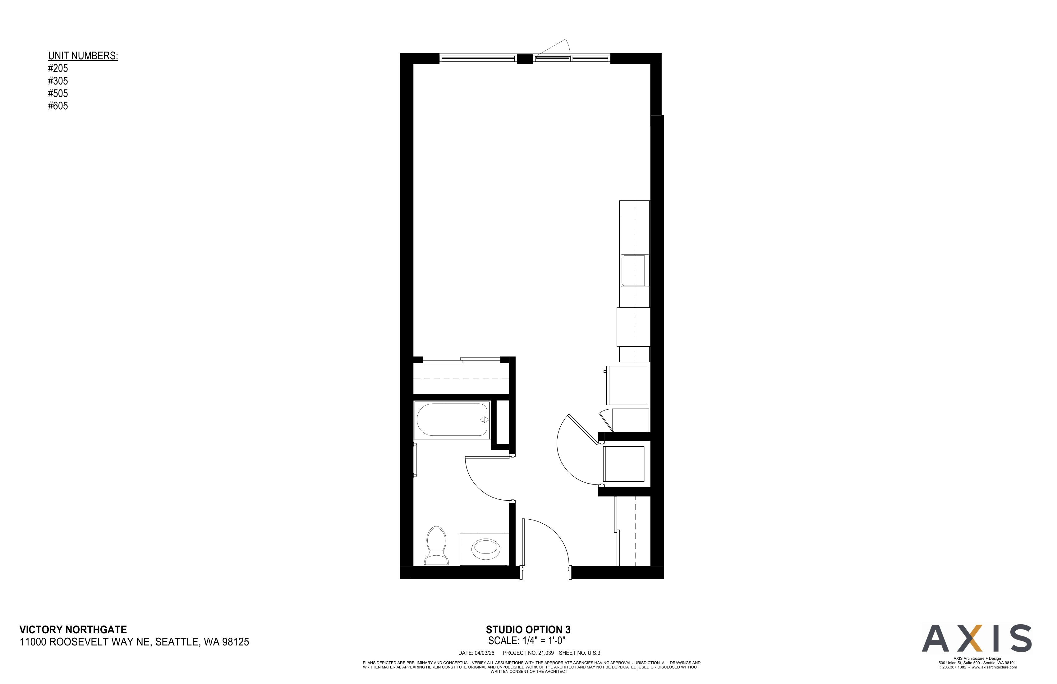 A black and white architectural drawing of a floor plan for a studio option 3.