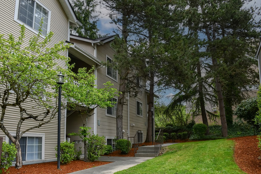 A tree-lined walkway leads to a building.