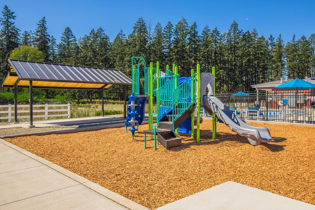 A playground with a blue slide and green monkey bars.