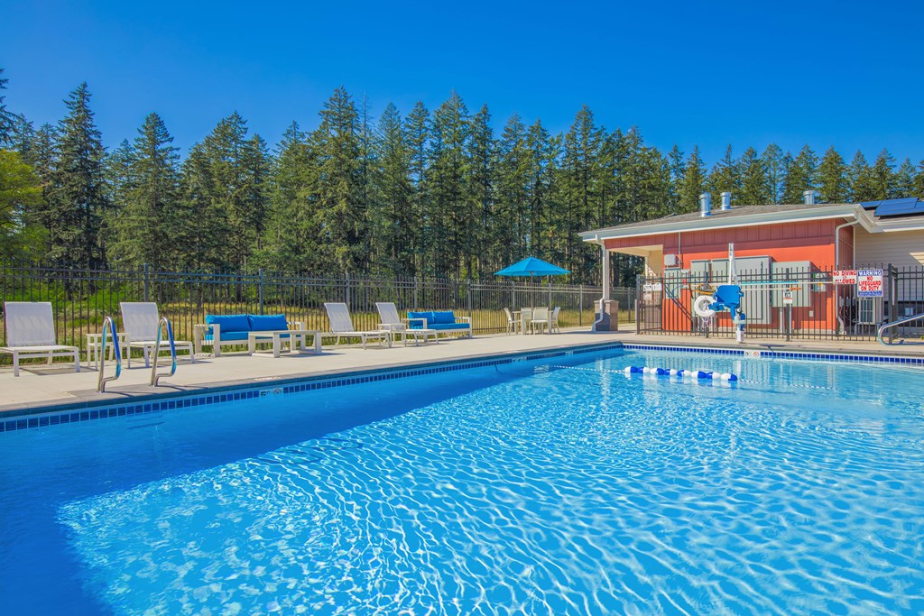 A large swimming pool with a building and trees in the background.