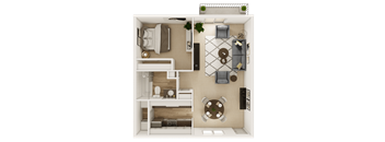 A top-down view of a small apartment with a kitchen, living room, and bedroom.