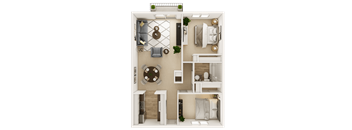A top-down view of a small apartment with a living room, kitchen, and bathroom.