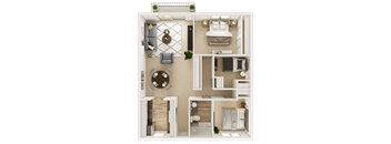 A top-down view of a house layout with a living room, dining area, kitchen, and bedrooms.