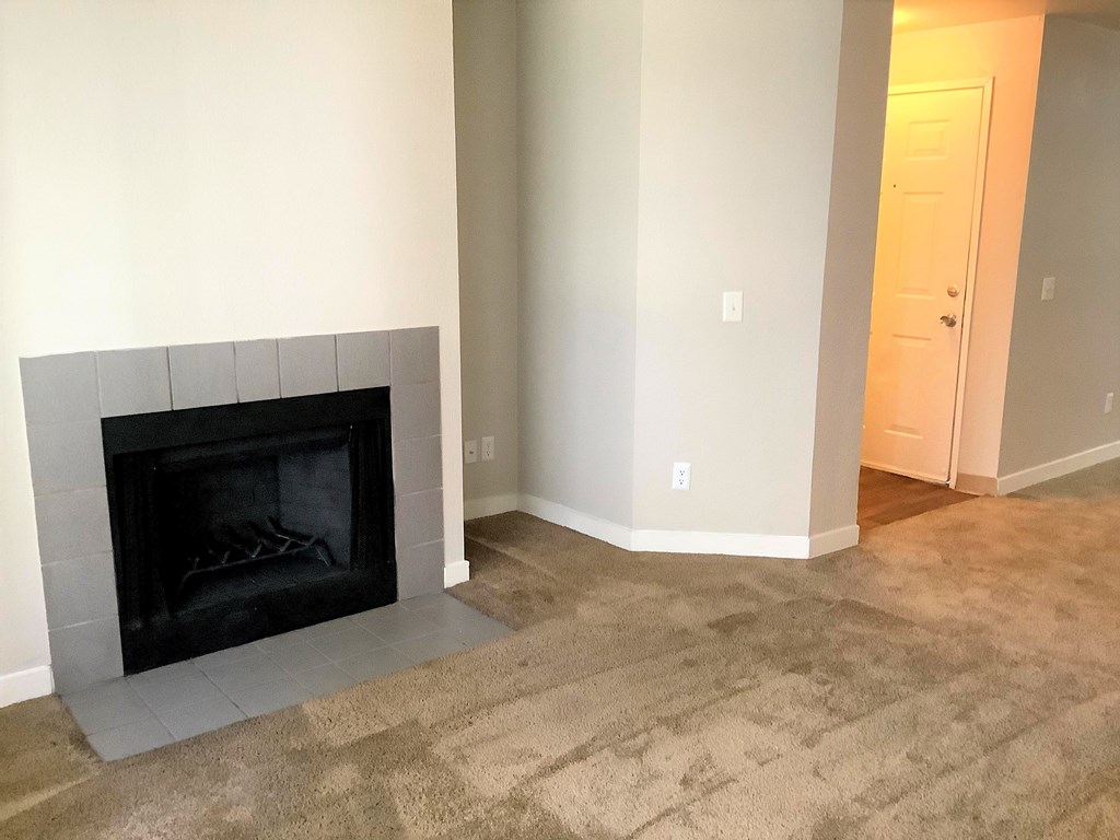 A fireplace in a room with a carpeted floor.