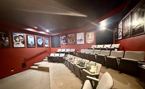 A movie theater with rows of seats and posters on the wall.