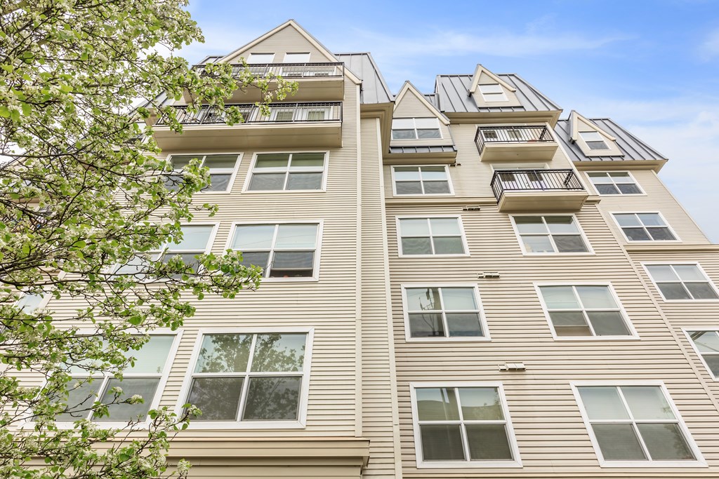 A tall building with a beige facade and a tree in the foreground.