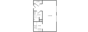 A floor plan of a small apartment with a closet, bathroom, built-in dresser, and kitchen.