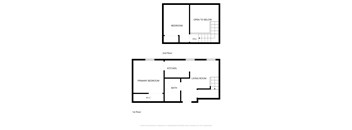 A floor plan of a two-story home with a bedroom on the first floor and a living room, kitchen, and bath on the second floor.