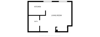 A simple black and white drawing of a floor plan with a kitchen, bath, and living room.
