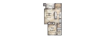 A floor plan of a small apartment with a living room, dining room, kitchen, and bedroom.