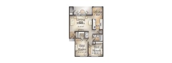 A floor plan of a small apartment with a living room, dining room, kitchen, and two bedrooms.