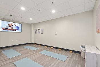 A yoga studio with mats on the floor and a TV screen showing a yoga class.