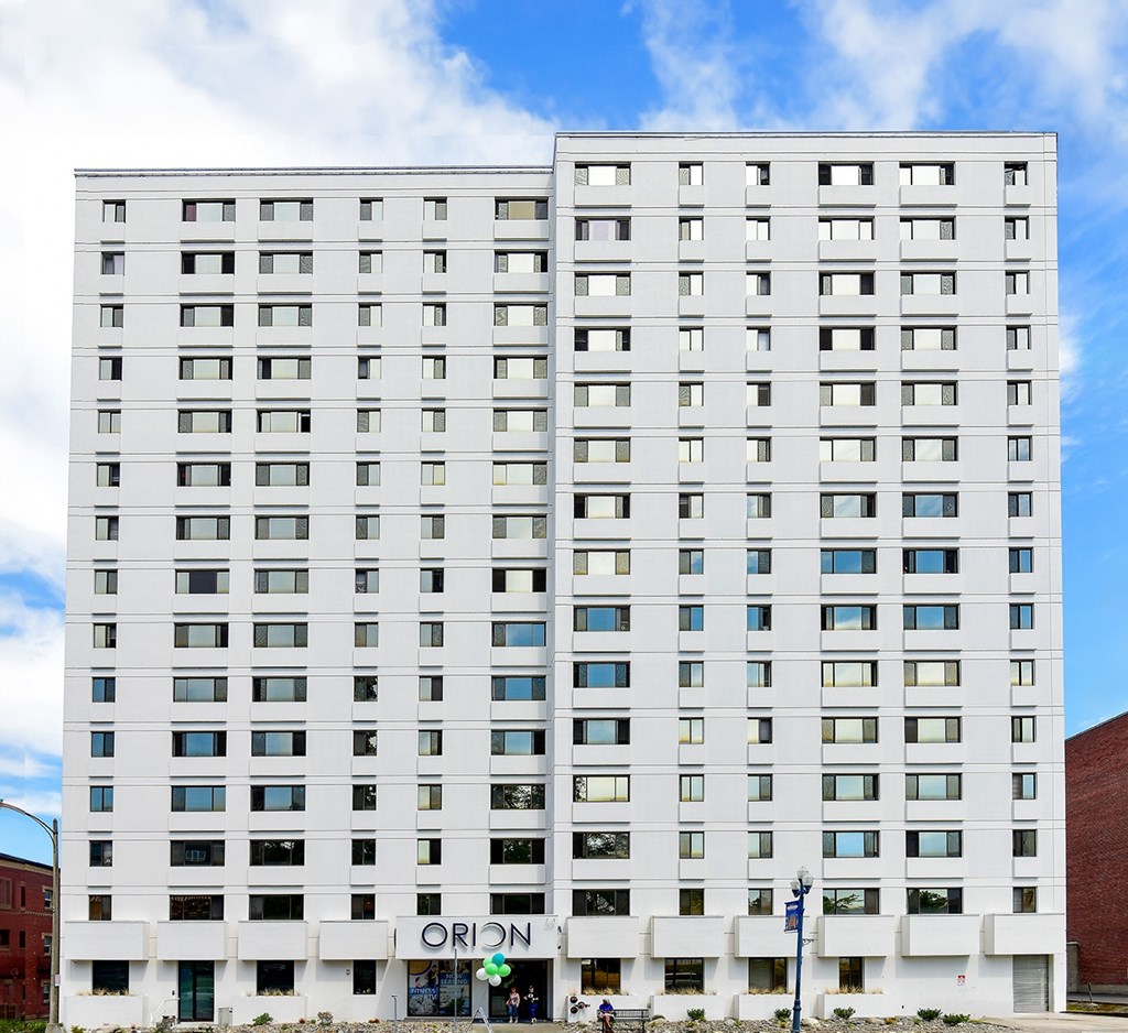 A white building with the word