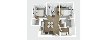 A top-down view of a modern apartment layout with a central living area, two bedrooms, a kitchen, and a bathroom.