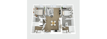 A top-down view of a well-organized apartment with a central circular area and various furniture and appliances.