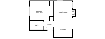 A floor plan of a small apartment with a bedroom, living room, kitchen, bath, and foyer.
