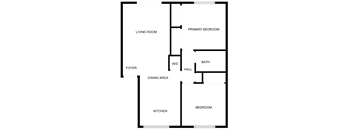 A floor plan of a house with a living room, dining area, kitchen, and bedrooms.