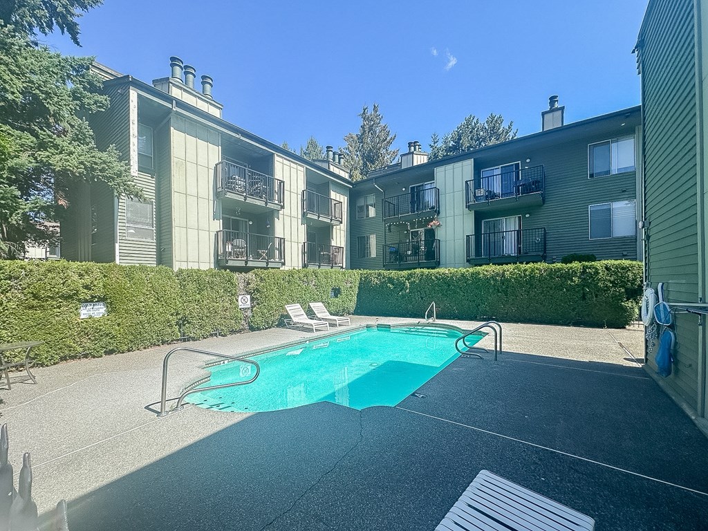 A small pool in a courtyard surrounded by buildings.