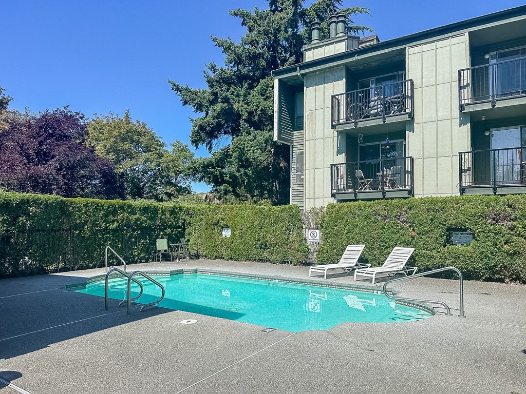 A pool with chairs and a building in the background.