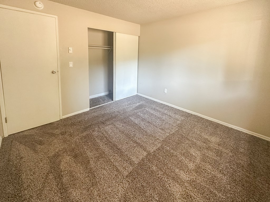 A carpeted room with a door and a closet.