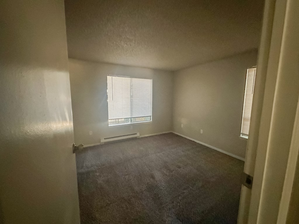 A room with a window and a carpeted floor.