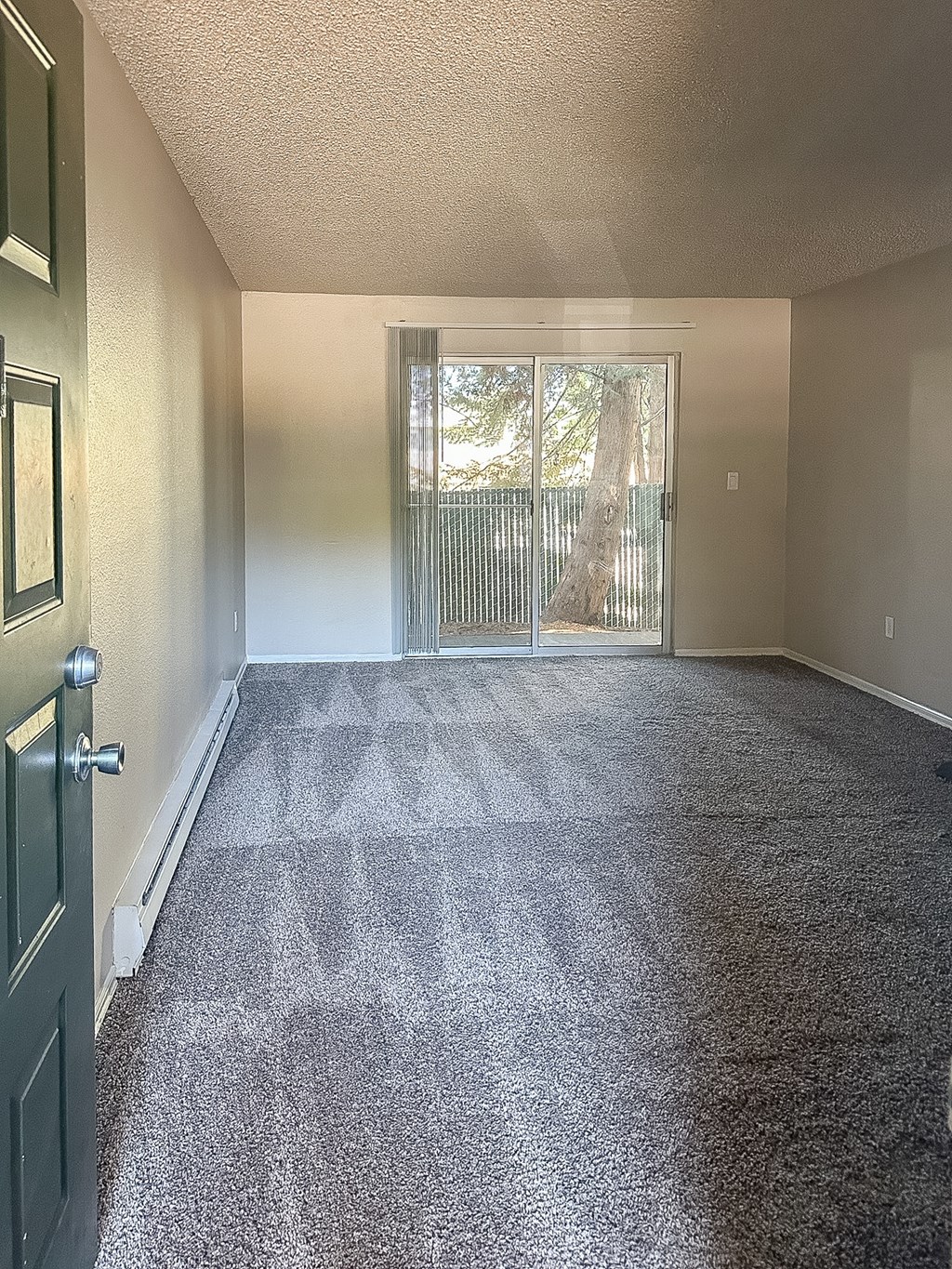 A room with a carpeted floor and a sliding glass door.