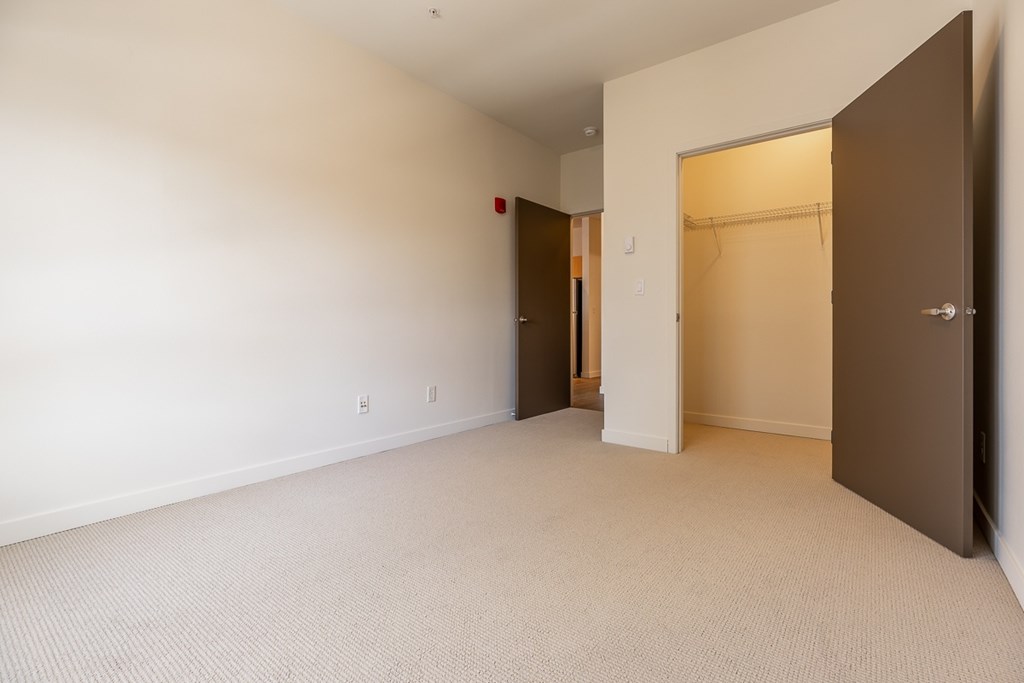 A room with a carpeted floor and two open doors.