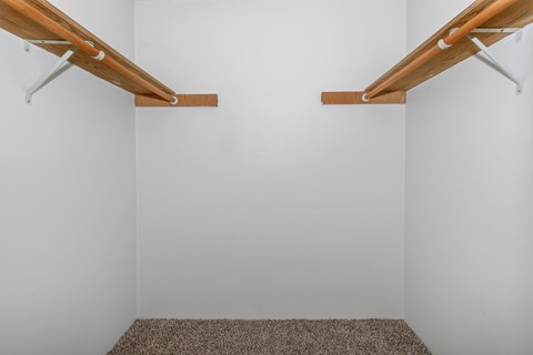 A room with two wooden shelves and a carpeted floor.