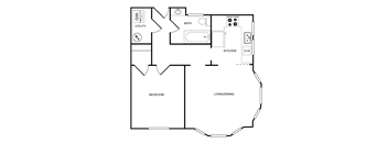 A floor plan of a house with a bedroom, bathroom, kitchen, and living/dining area.